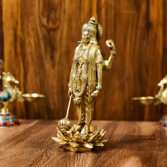 Exquisite Brass Standing Vishnu Statue on Lotus Base - 12.5 Inches - Budhshiv.com