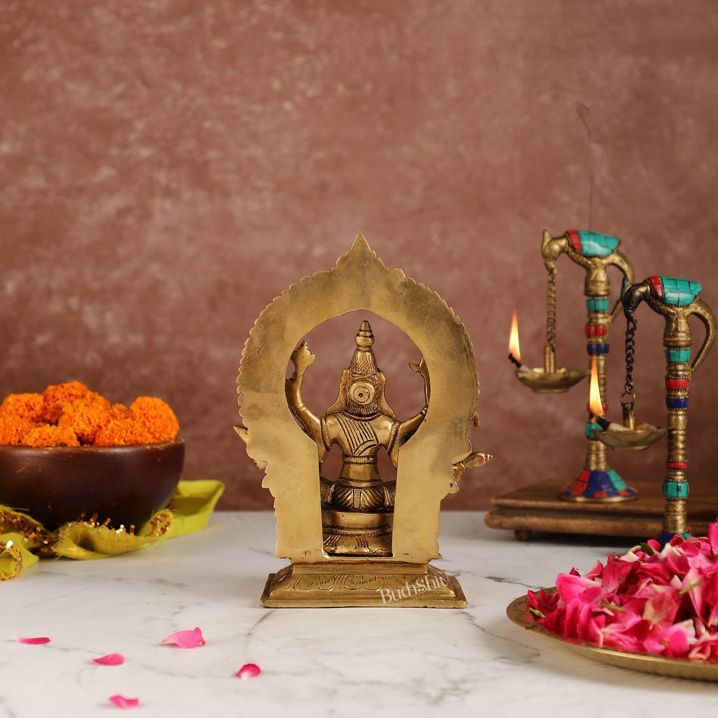 Exquisite Brass Superfine Goddess Varahi Idol with Prabhavali Frame | 8.5" Height - Budhshiv.com