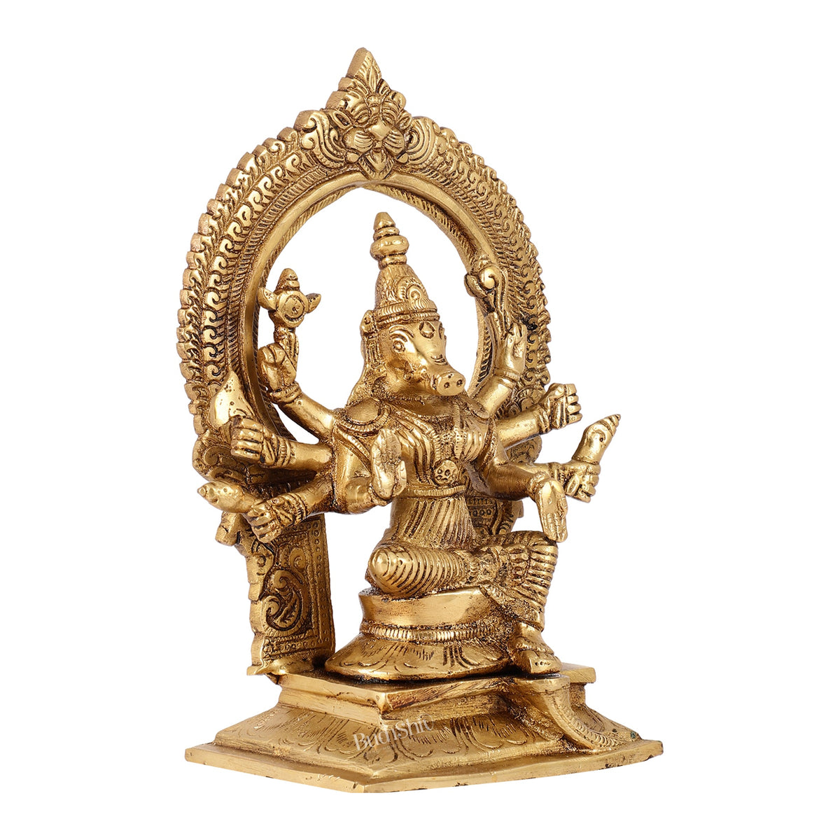 Exquisite Brass Superfine Goddess Varahi Idol with Prabhavali Frame | 8.5" Height - Budhshiv.com
