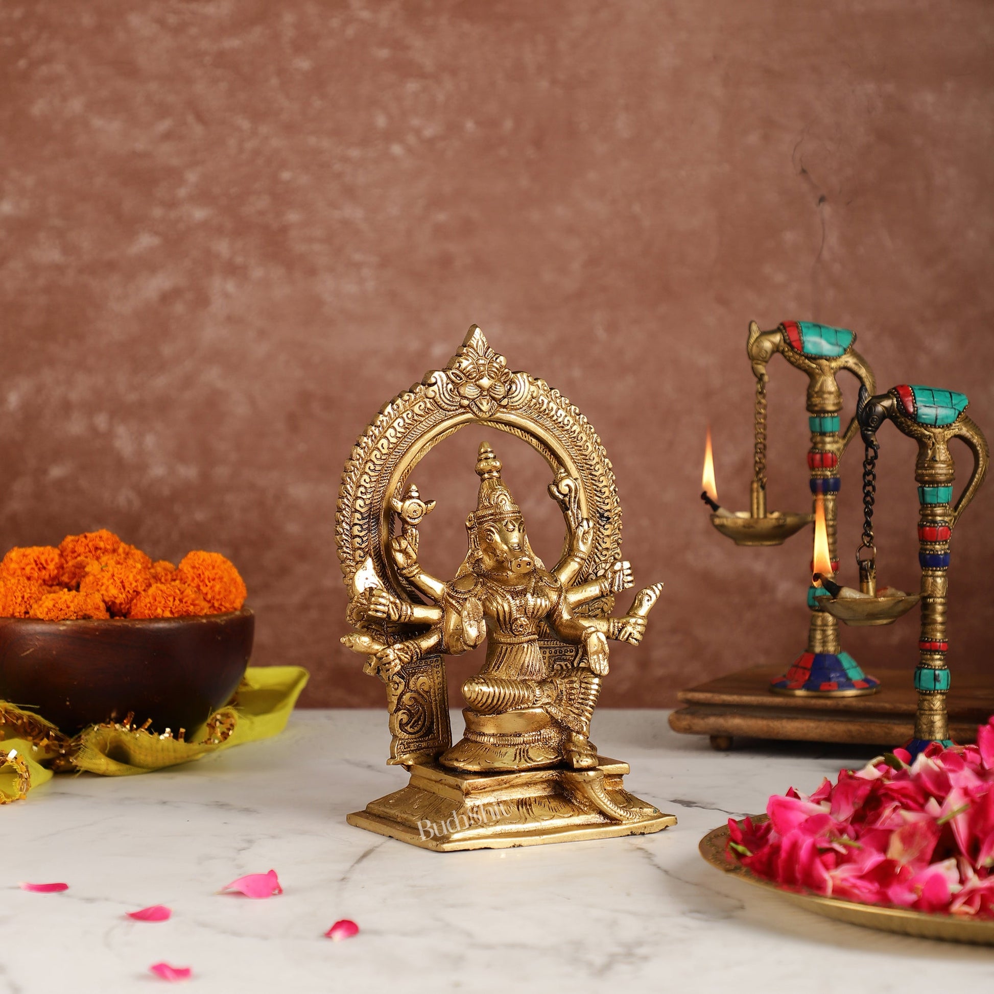 Exquisite Brass Superfine Goddess Varahi Idol with Prabhavali Frame | 8.5" Height - Budhshiv.com