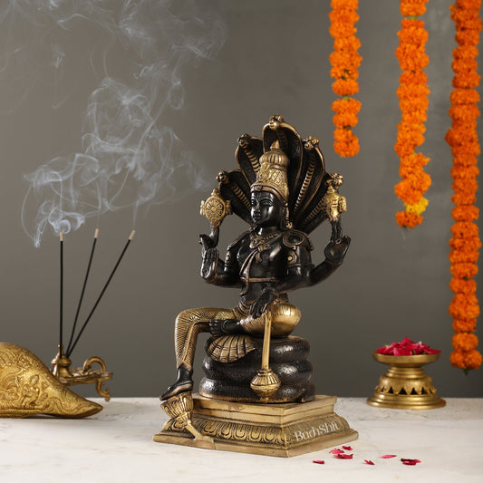 Exquisite Brass Superfine Lord Vishnu Idol with Sheshnaaga | 11" Height | Black & Gold Finish - Budhshiv.com