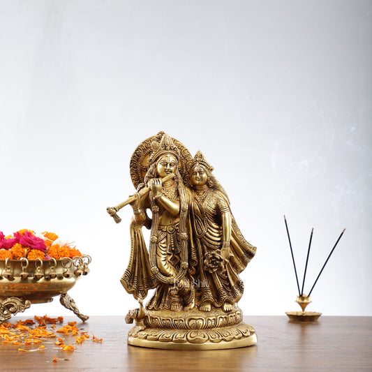 Exquisite Brass Superfine Radha Krishna with Peacock - 12 inches - Budhshiv.com