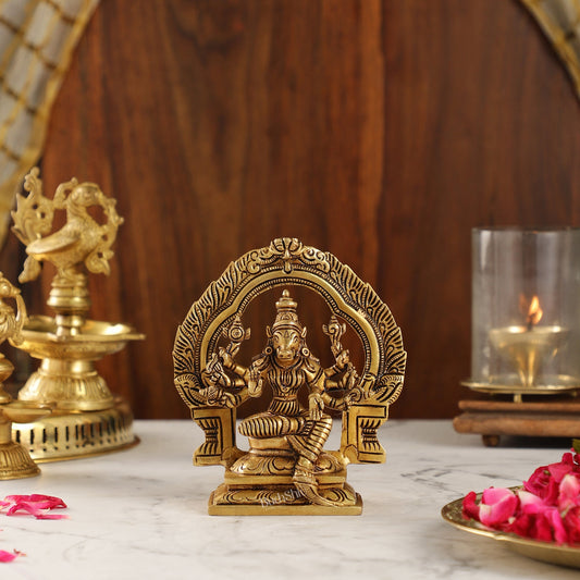 Exquisite Brass Varahi Idol with Arch | 5.5" Height | Intricate Craftsmanship - Budhshiv.com