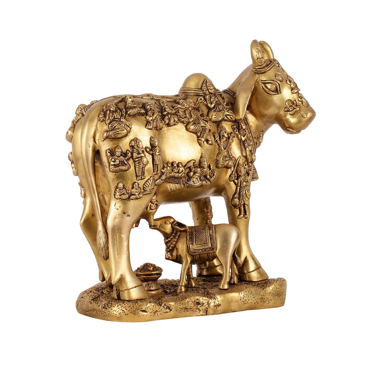 Exquisite large Brass Kamdhenu Cow with Calf Idol - Budhshiv.com