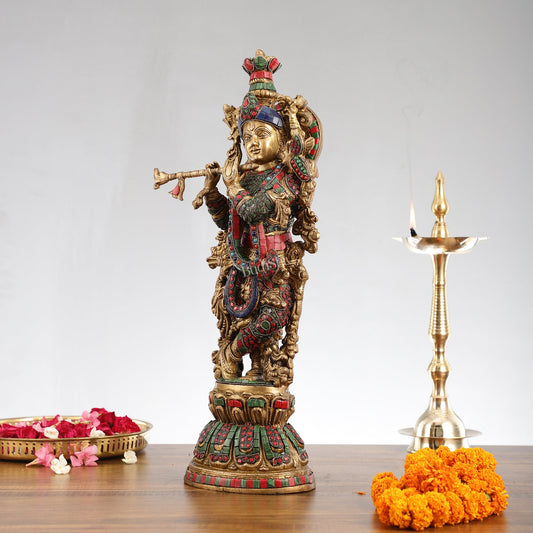 Exquisite Pure Brass Handcrafted Krishna Statue 21 inch - Budhshiv.com