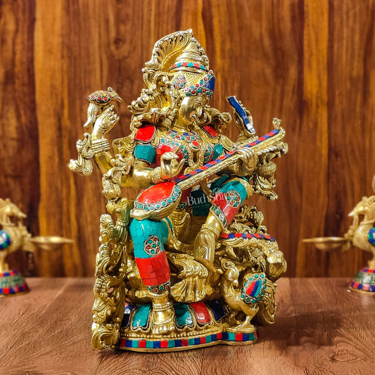 Exquisite Pure Brass Saraswati Idol with Stonework - Divine Wisdom Embodied - Budhshiv.com