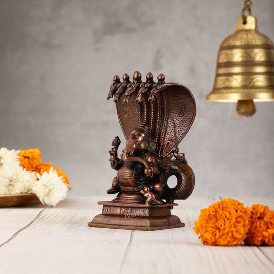 Exquisite Pure Copper Lord Ganesha Statue with Adishesha Nag - 6" - Budhshiv.com