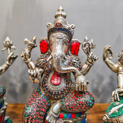 Exquisite silver plated 15-Inch Brass Ganesha, Lakshmi & Saraswati Idols | Divine Trio - Budhshiv.com