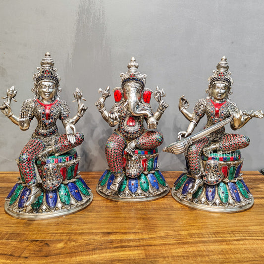 Exquisite silver plated 15-Inch Brass Ganesha, Lakshmi & Saraswati Idols | Divine Trio - Budhshiv.com
