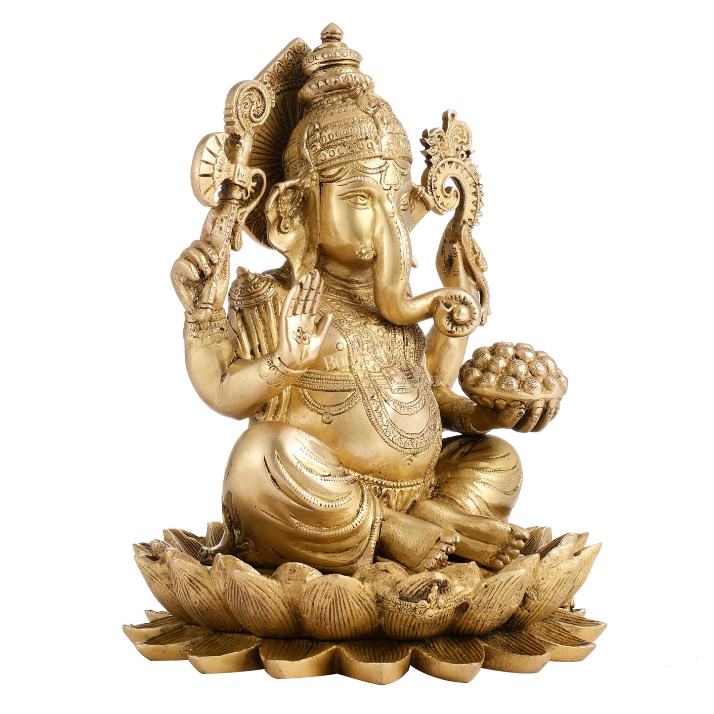 Fine Quality Brass Handcrafted Ganapati Seated on Lotus | 12" Height - Budhshiv.com