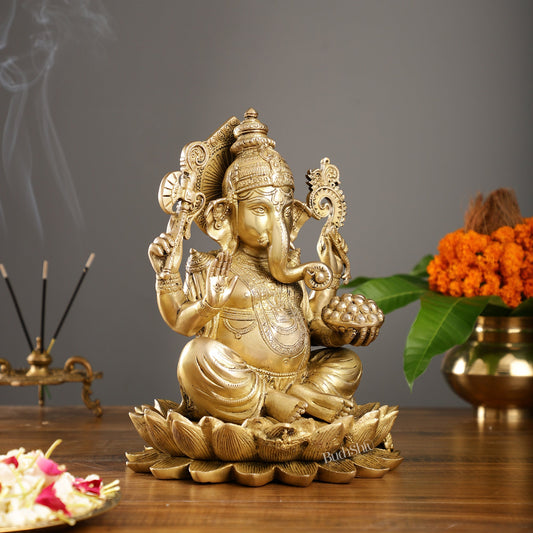 Fine Quality Brass Handcrafted Ganapati Seated on Lotus | 12" Height - Budhshiv.com