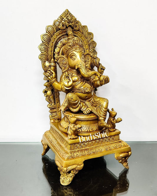 Finely Carved Ganapati on Big Throne with Mooshaks - 17" Height - Budhshiv.com