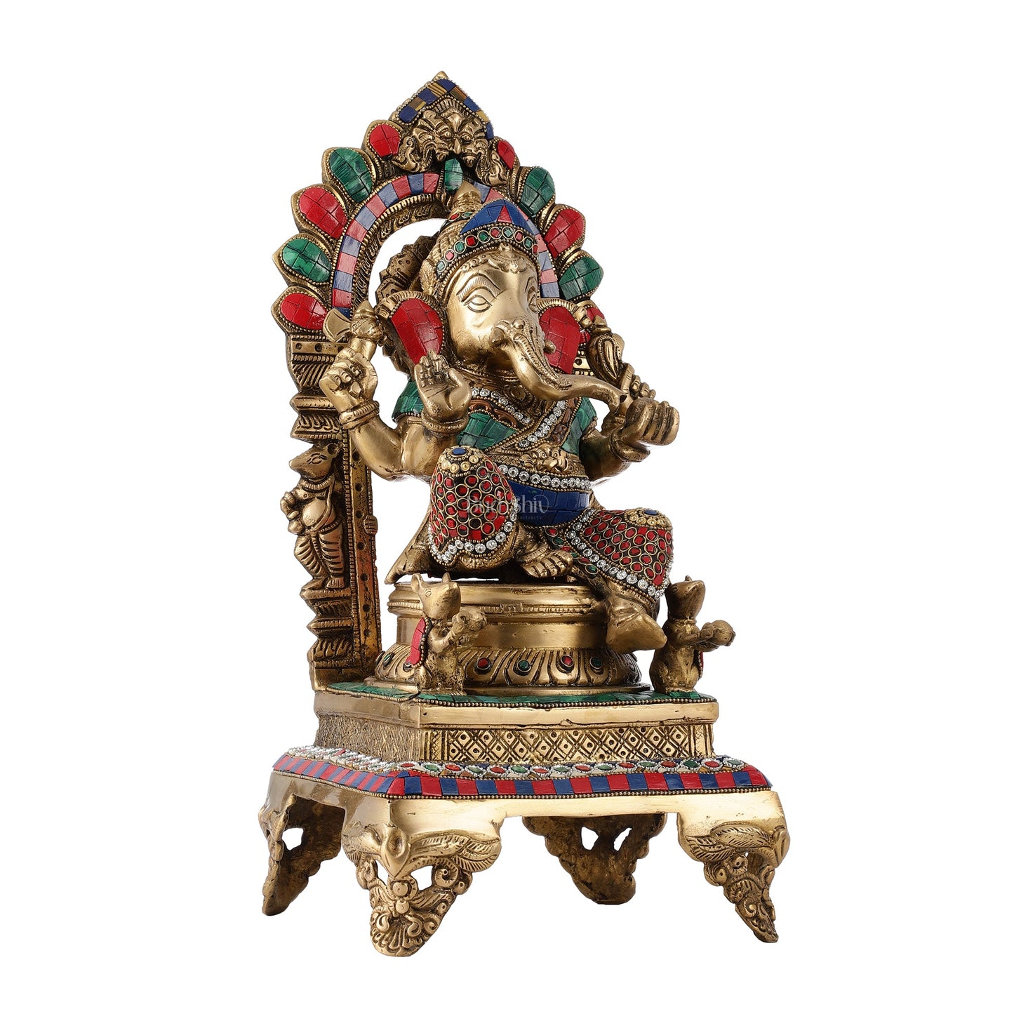 Finely Carved Ganapati Statue on Throne - 17 inch with stonework - Budhshiv.com
