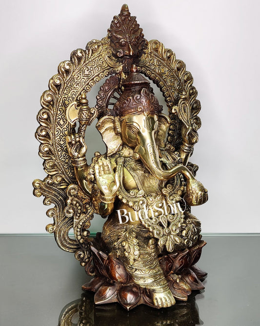 Ganapati Brass statue with duel tone Finish 15 inch - Budhshiv.com