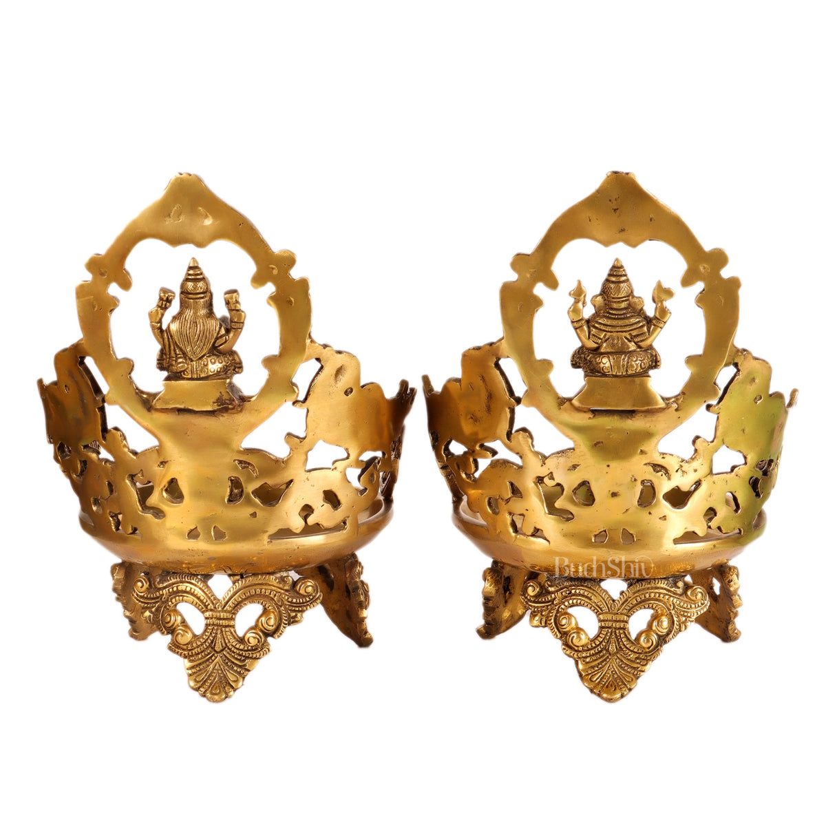 Ganesha and Lakshmi Brass Urli Lamp dull gold - Budhshiv.com
