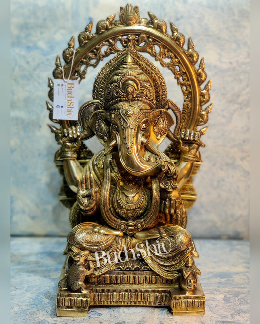 Ganesha Brass Idol 21 inches Ganapati brass statue with a Unique Prabhavali with mouse engraved - Budhshiv.com