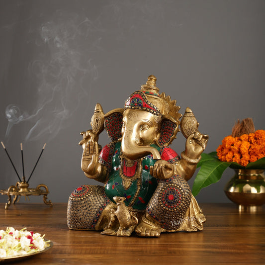 Ganesha Brass Idol with a unique stonework - Budhshiv.com