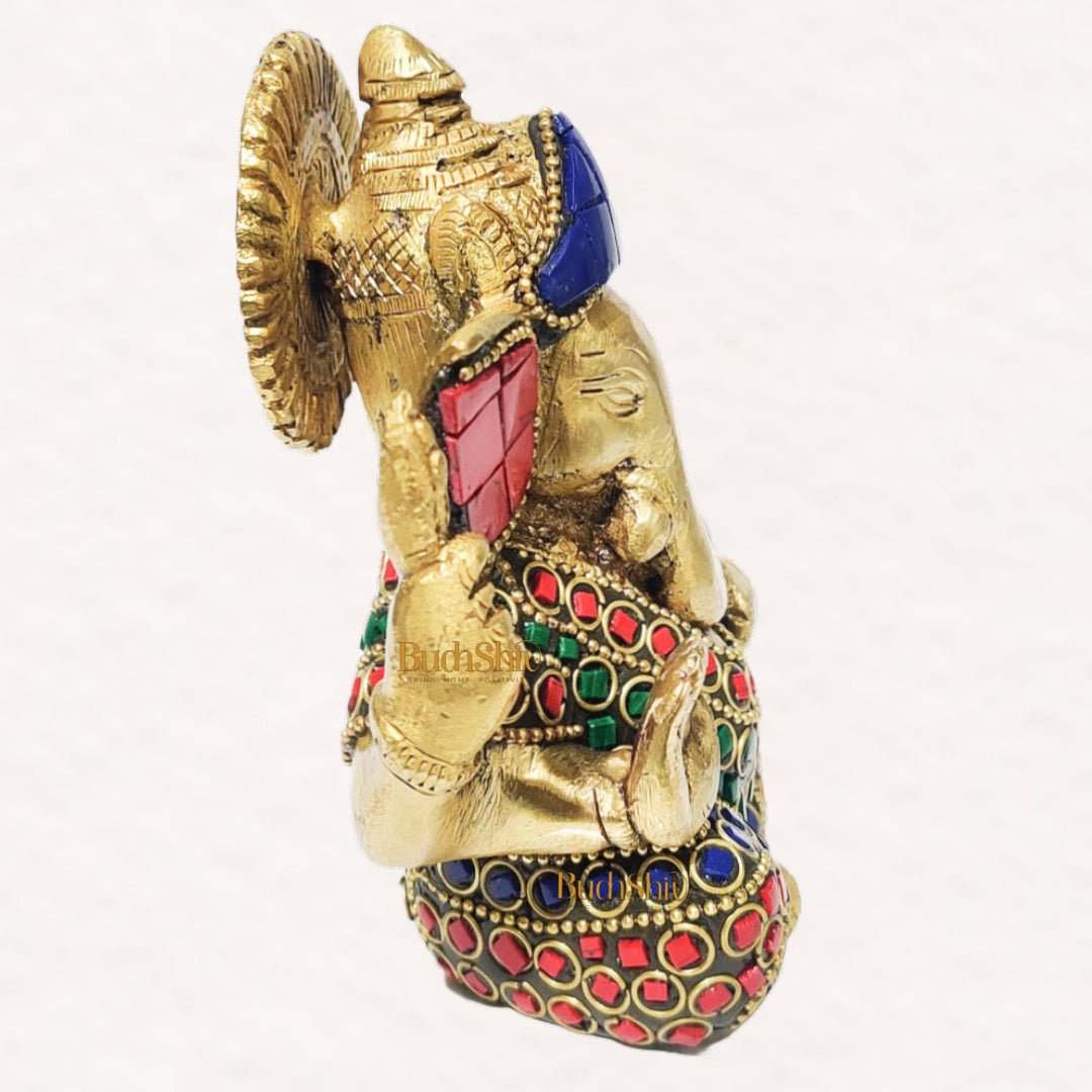 Ganesha brass idol with meenakari stonework | small size for office desk/study table/ temple - Budhshiv.com