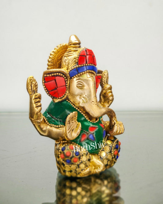 Ganesha brass idol with meenakari stonework | small size for office desk/study table/ temple - Budhshiv.com