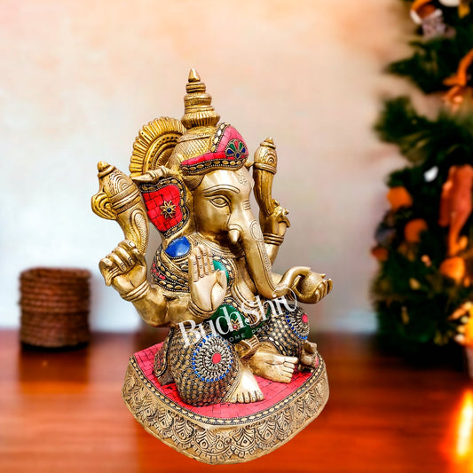 Ganesha Brass Idol with stonework 15 inches - Budhshiv.com