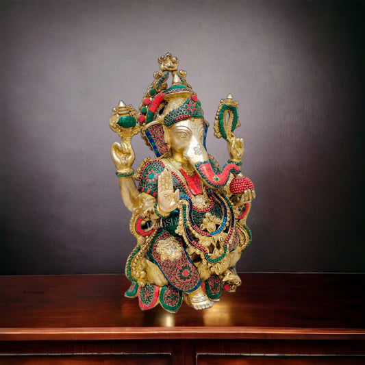 Ganesha Brass Idol with stonework 21 inches - Budhshiv.com