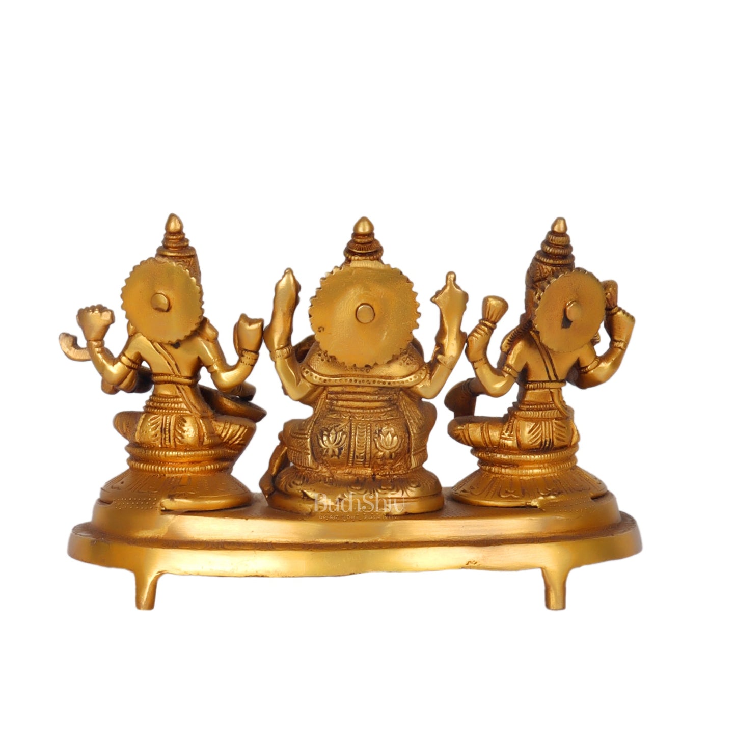 Ganesha Lakshmi Saraswati Brass Idol -6.5" golden - Budhshiv.com