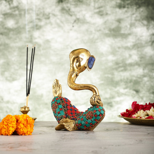 Ganesha modern Idol Abstract Brass with stonework 8.5 inch - Budhshiv.com