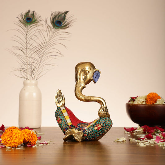 Ganesha modern Idol Abstract Brass with stonework 8.5 inch - Budhshiv.com