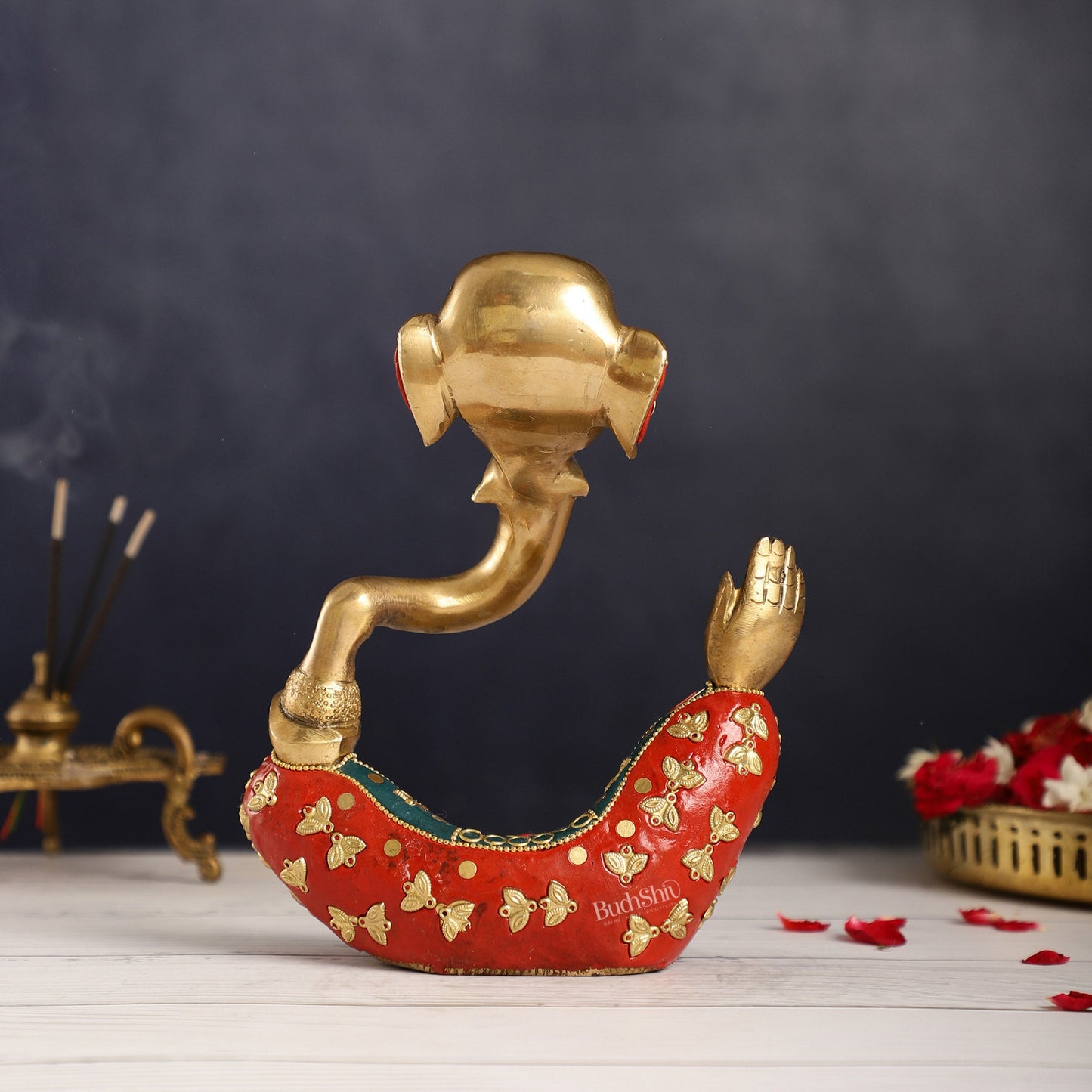 Ganesha modern Idol Abstract Brass with stonework 8.5 inch - Budhshiv.com