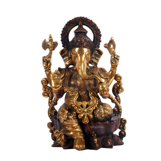 Ganesha on a lotus base large brass idol 12 inches in golden finish - Budhshiv.com