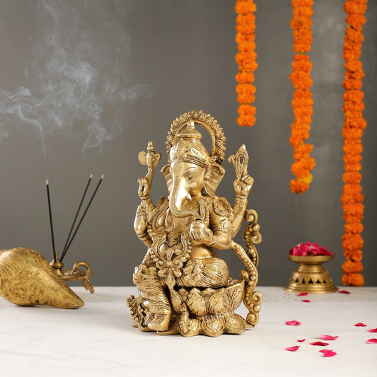 Ganesha on a lotus base large brass idol 12 inches - Budhshiv.com
