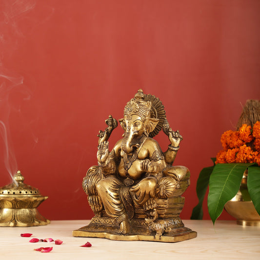 Ganesha on a sofa brass idol 9 inch antique finish - Budhshiv.com