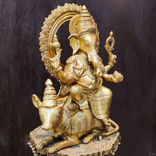 Ganesha on mouse brass statue 16 inches - Budhshiv.com