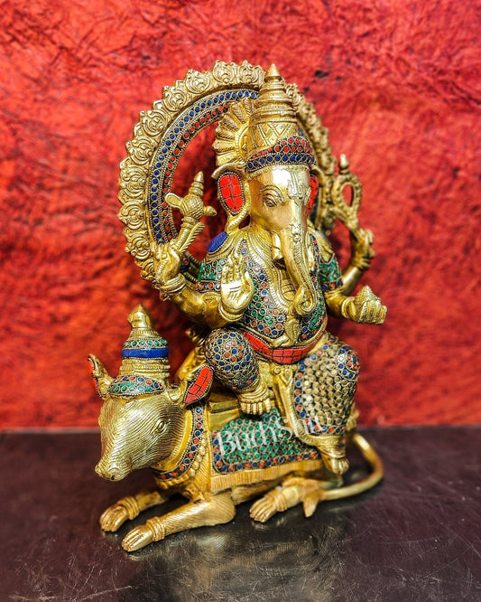 Ganesha on mouse brass statue 16 inches - Budhshiv.com