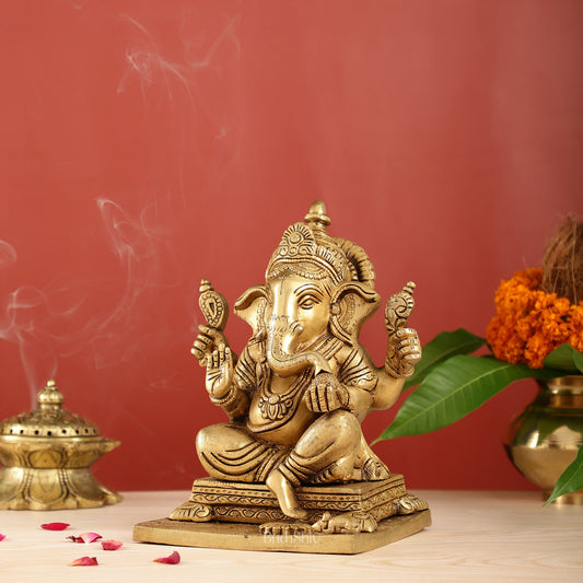 Ganesha superfine Brass statue fully engraved 9.5 inch - Budhshiv.com