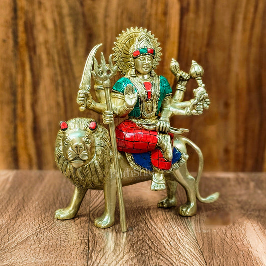 Goddess Durga brass idol with 8 arms sitting on lion with stonework 9 inches with stonework - Budhshiv.com