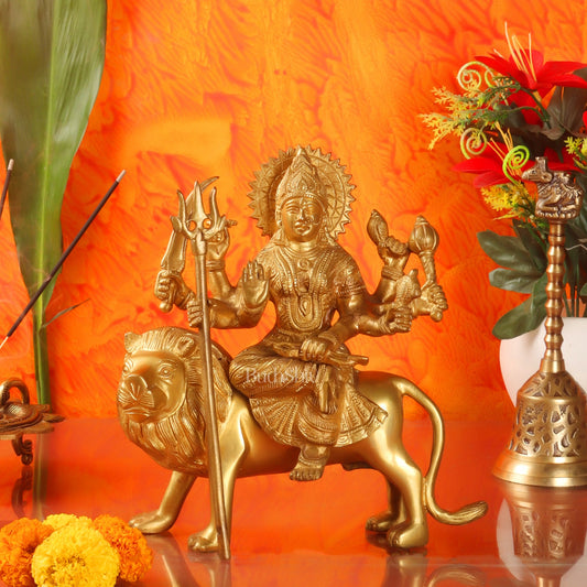 Goddess Durga brass idol with 8 arms sitting on lion with stonework 9 inches - Budhshiv.com