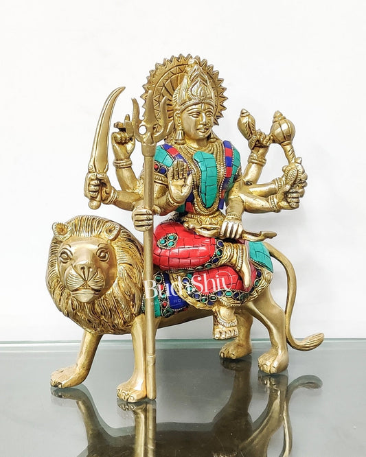 Goddess Durga brass idol with 8 arms sitting on lion with stonework 9 inches - Budhshiv.com