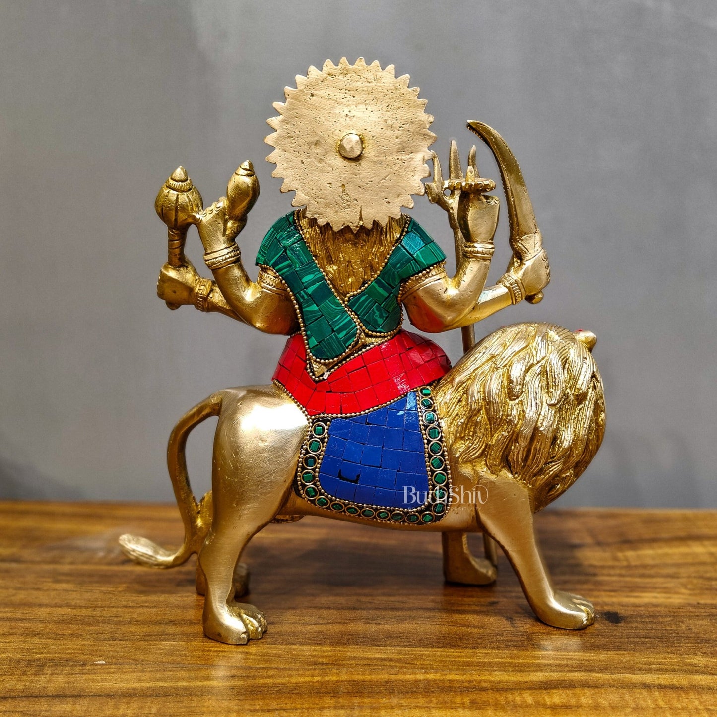 Goddess Durga brass idol with 8 arms sitting on lion with stonework 9 inches - Budhshiv.com
