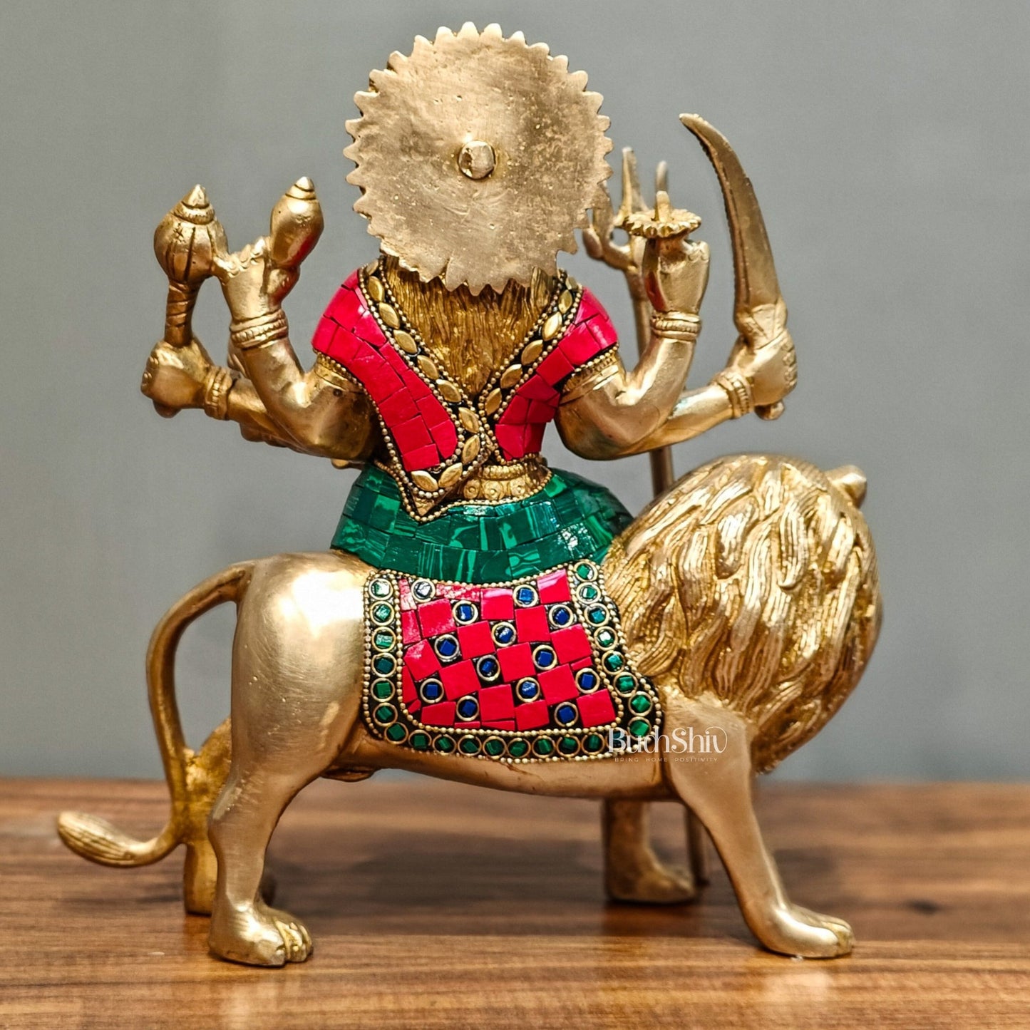 Goddess Durga brass idol with 8 arms sitting on lion with stonework 9 inches - Budhshiv.com