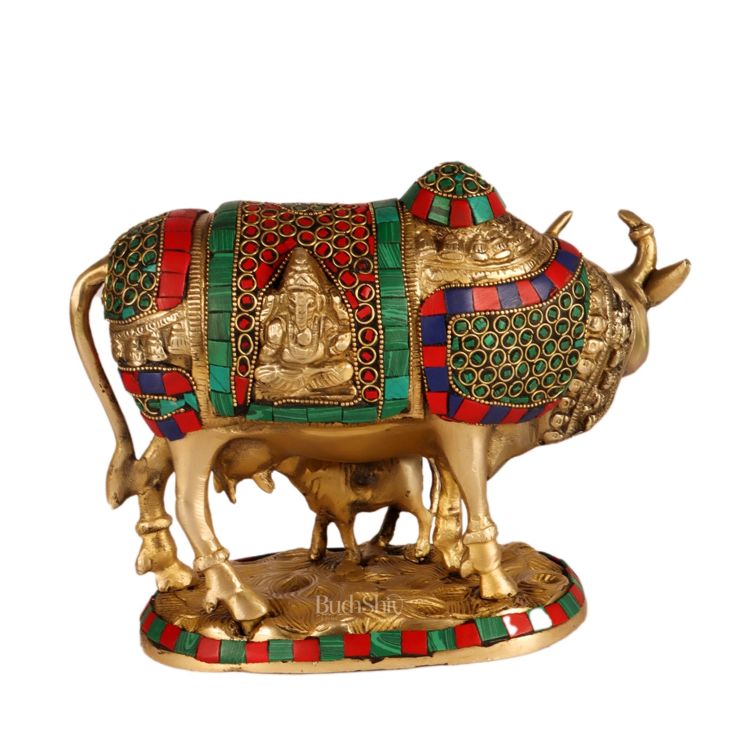 Handcrafted Brass Cow and Calf Statue | Ganesha and Lakshmi Carvings 8.5" - Budhshiv.com