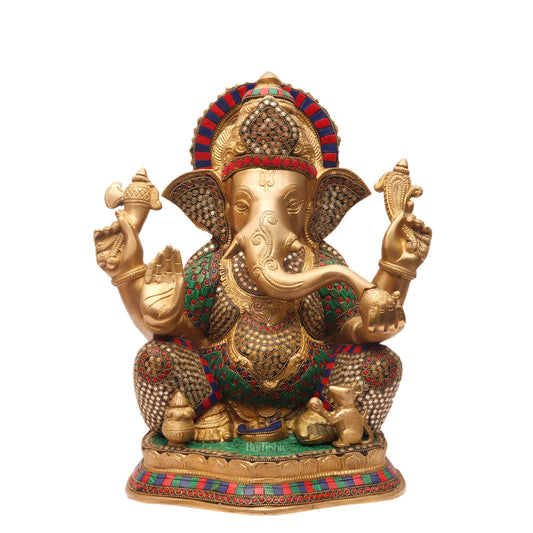Handcrafted Brass Ganapathi Seated 16 inch with stonework - Budhshiv.com