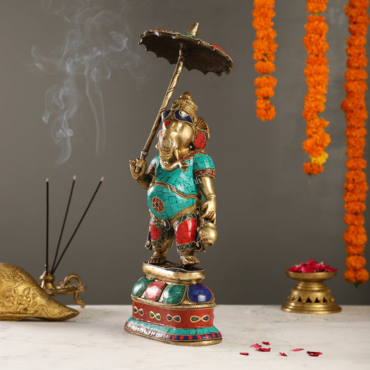 Handcrafted Brass Ganesha Statue with umbrella and kamandal | 15" Height | Divine Artistry - Budhshiv.com