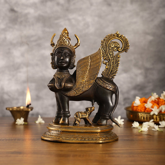 Handcrafted Brass Kamdhenu Cow with Calf Statue | Black and Gold | 10" - Budhshiv.com