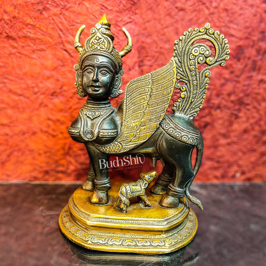 Handcrafted Brass Kamdhenu Cow with Calf Statue | Black and Gold Finish | 10" x 8" x 6" - Budhshiv.com