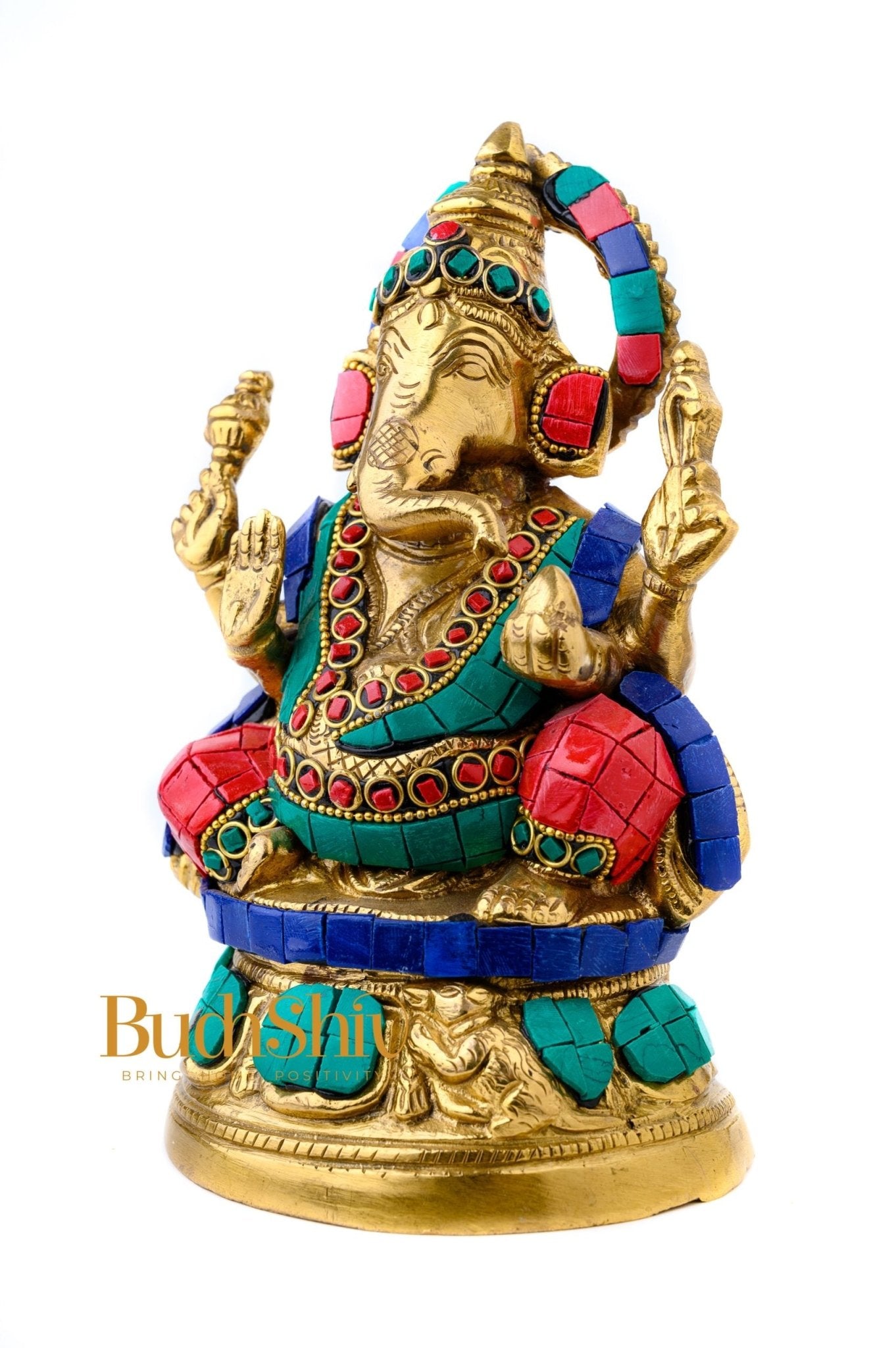 Handcrafted Brass Lord Ganesha Idol with Natural Stones | 6 inch - Budhshiv.com