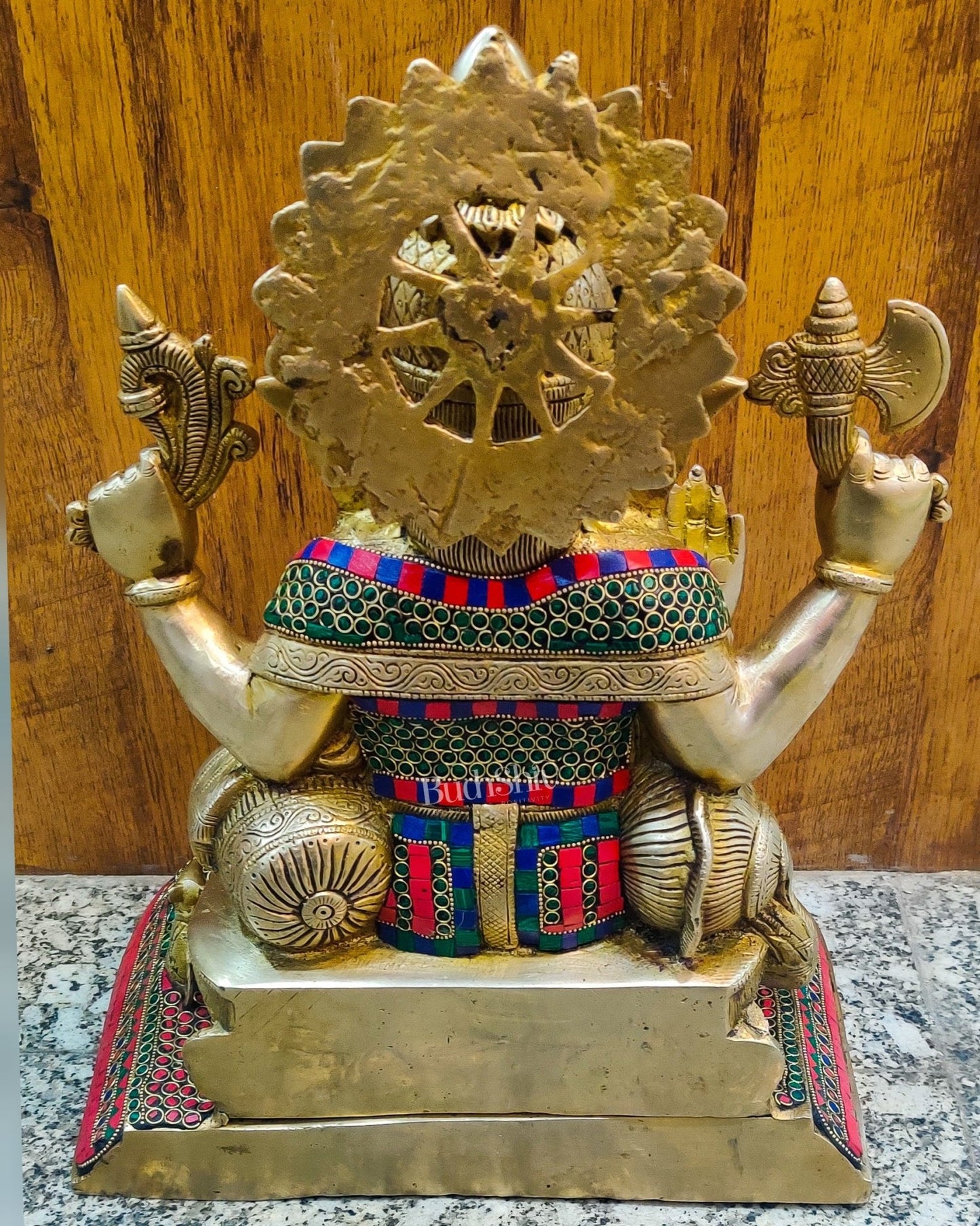Handcrafted Brass Lord Ganesha Statue with Stonework - Big Size, Engraved Base 17" - Budhshiv.com