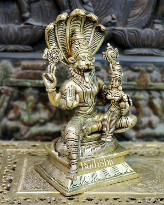 Handcrafted Brass Lord Narasimha with Goddess Lakshmi - 12.5" Height - Budhshiv.com