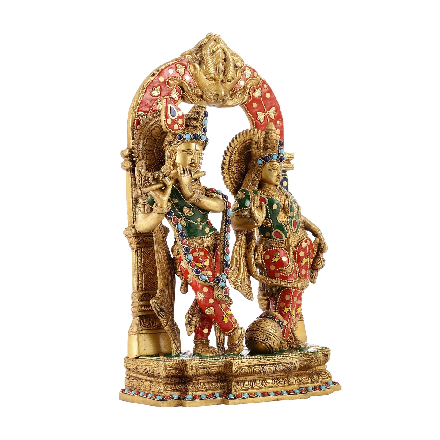 Handcrafted Brass Radha Krishna Idol - Ecstatic Posture 14 inch with stonework - Budhshiv.com