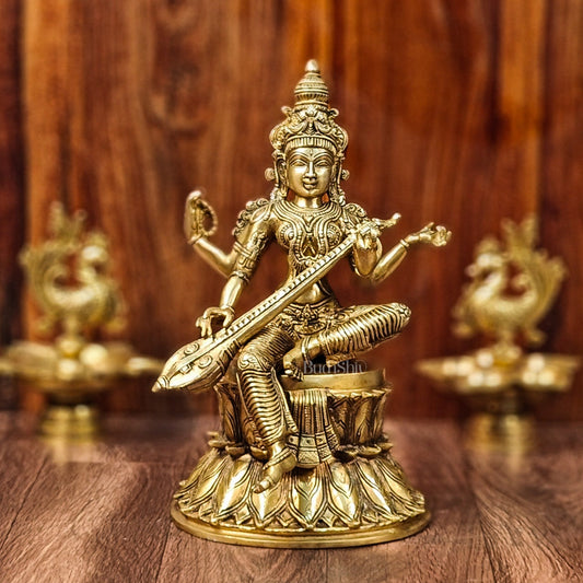 Handcrafted Brass Saraswati Statue | Golden Tone Finish | 14.5" Height - Budhshiv.com